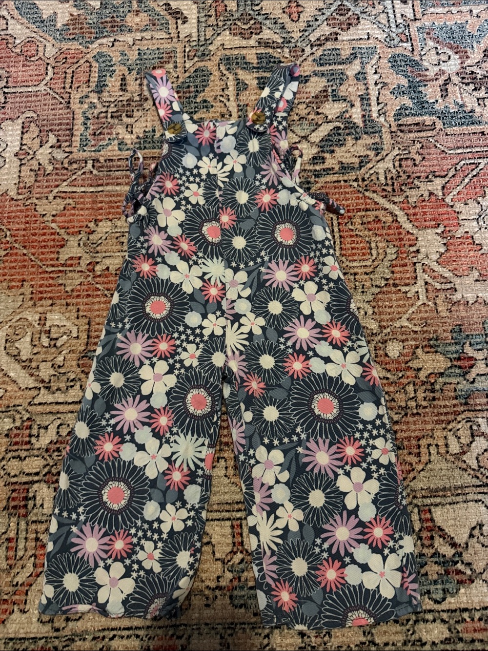Girls Floral Print Navy Overalls Jumper